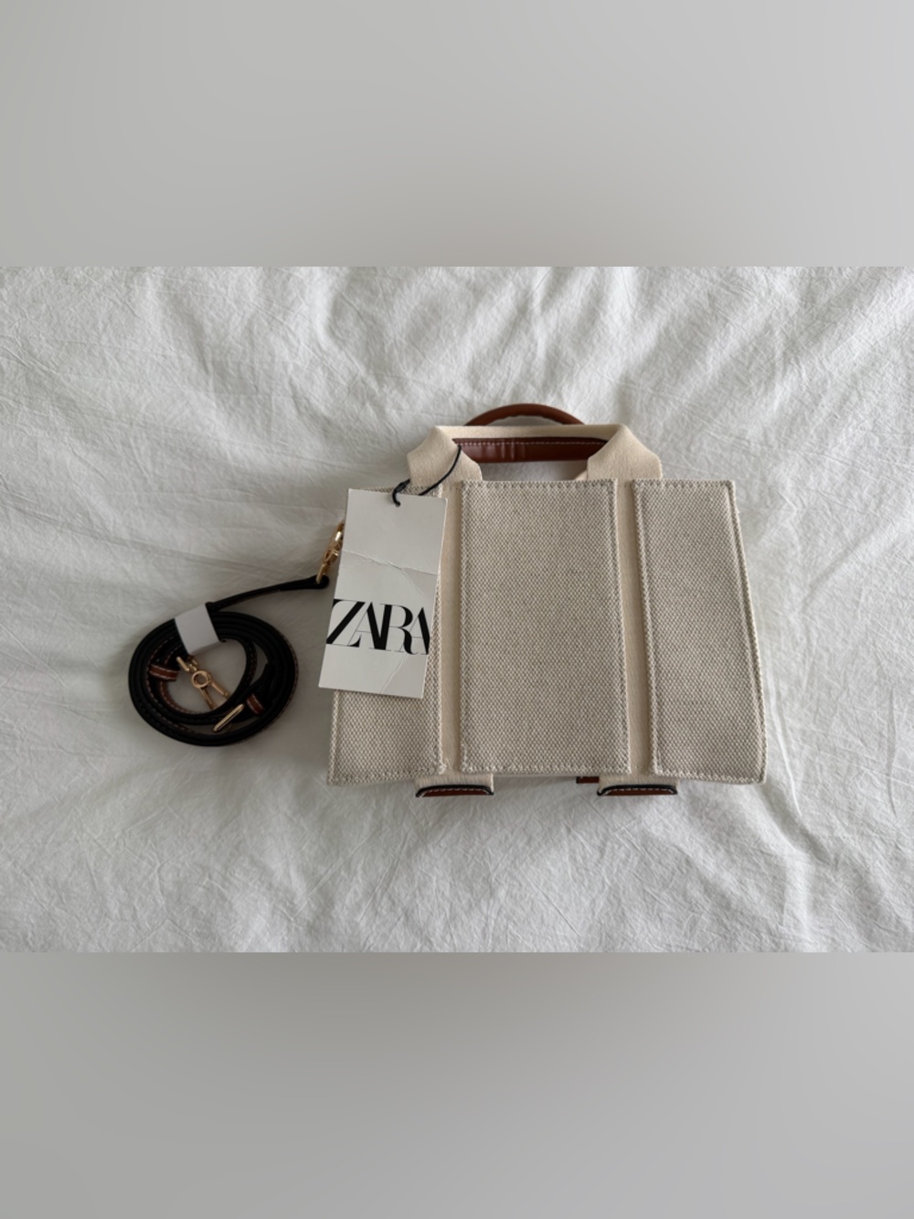Zara Cream Canvas Crossbody Bag with Gold Hardware